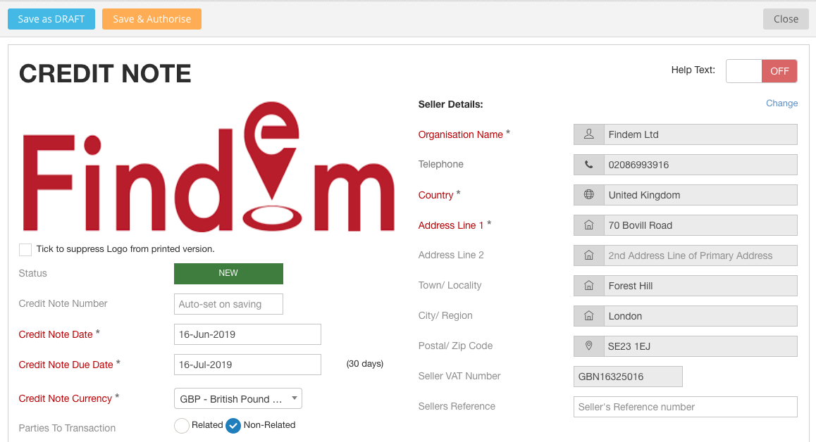 Main credit note fields to fill in