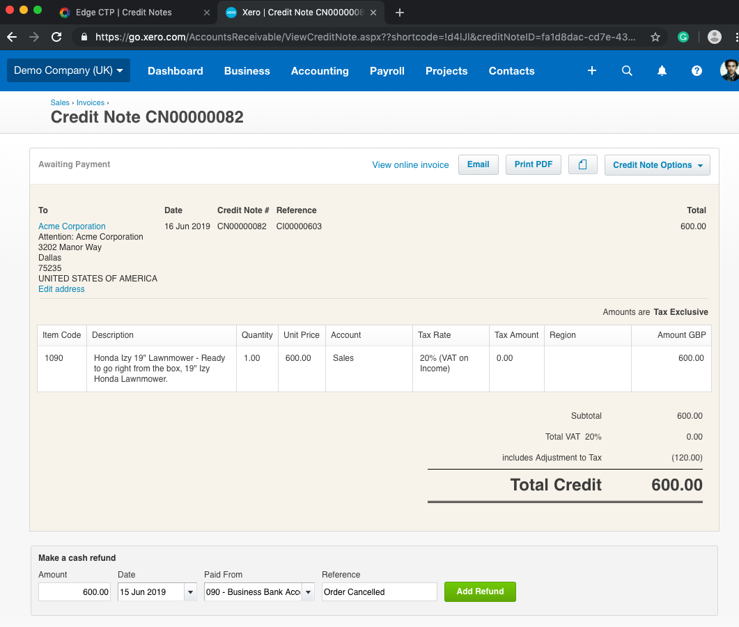 Refund Credit Note in Xero