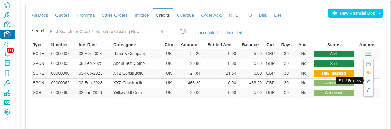 Edit Panel in EdgeCTP Financial Docs in Credit Notes