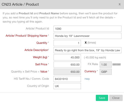 Adding Product Detail in CN23 Form