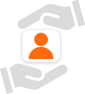 Illustration of hands protecting a person icon, representing the benefits of a CRM system for small businesses