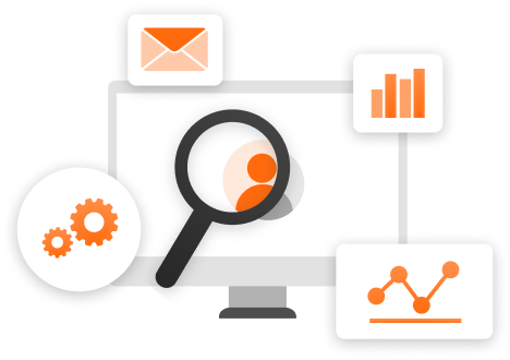 Icons for CRM software including envelope, magnifying glass, chart, and gears